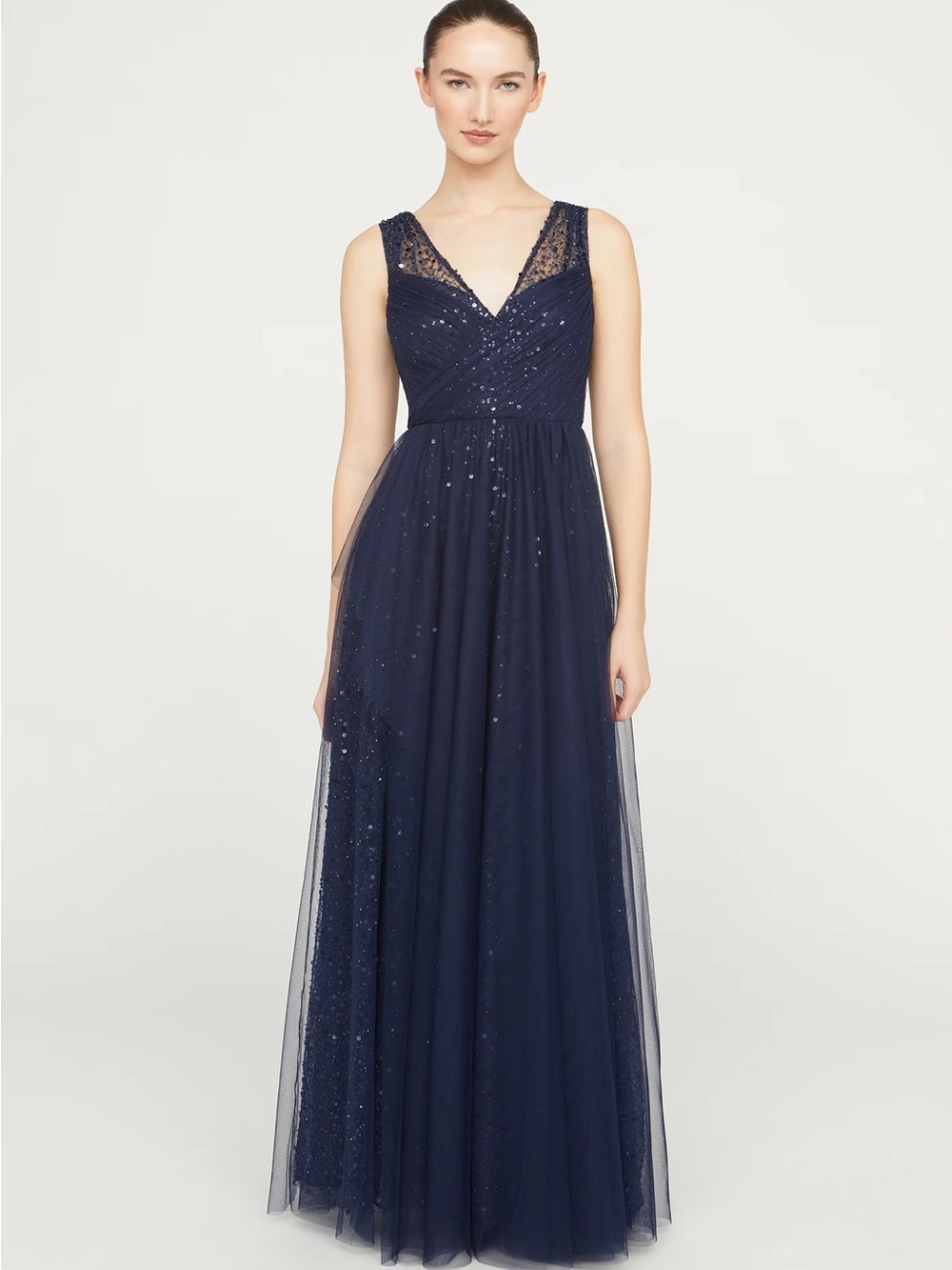NWT Theia Kiana Beaded Draped Tulle Maxi Dress - Navy - 4